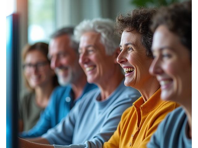 Diverse group of adults smiling and interacting in a supportive online community setting, representing peer support and wellness community.