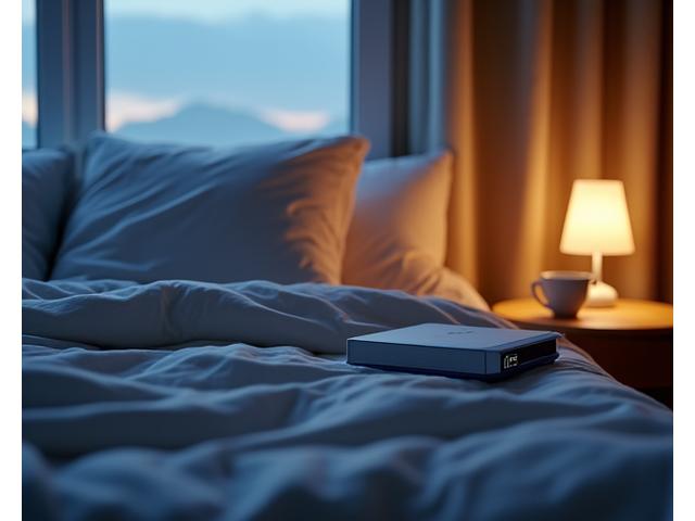 A serene bedroom scene at dusk, featuring smart lighting, a high-quality mattress, and a white noise machine, creating an optimal environment for restorative sleep.
